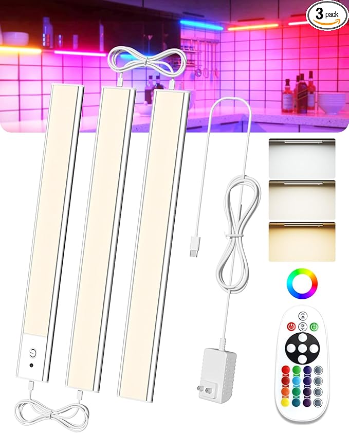 Under Cabinet LED Lighting Plug in, Aluminum RGB Color Changing Lights with Remote Control, 12in 3-Panel Wired Parallel, Ideal for Kitchen, Counter, Bookshelf – 15 Colors