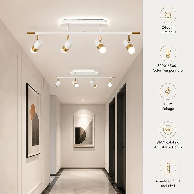 Jaycomey 4-Light LED Track Lighting Fixtures Ceiling, 41W Dimmable Track Light with Remote, 3000K-6500K Adjustable Ceiling Light Spotlights, 35 in White Gold Light Fixture for Kitchen Bedroom