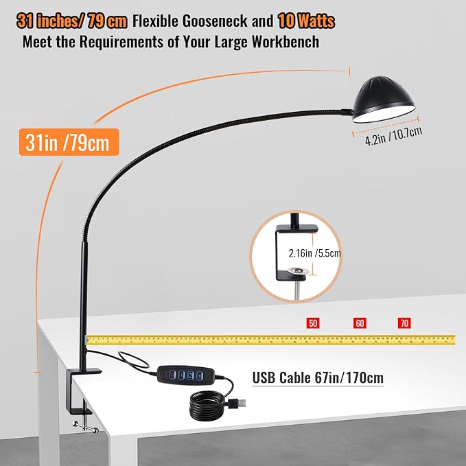 Long Gooseneck Clamp Lamp, Clip Desk Lamp with Clamp, 10W, 1100 LMS, 3 Color Modes, 10 Brightness Levels, 31 Inches Long Flaxible Gooseneck, Perfect for Craft, Reading, Home, Office