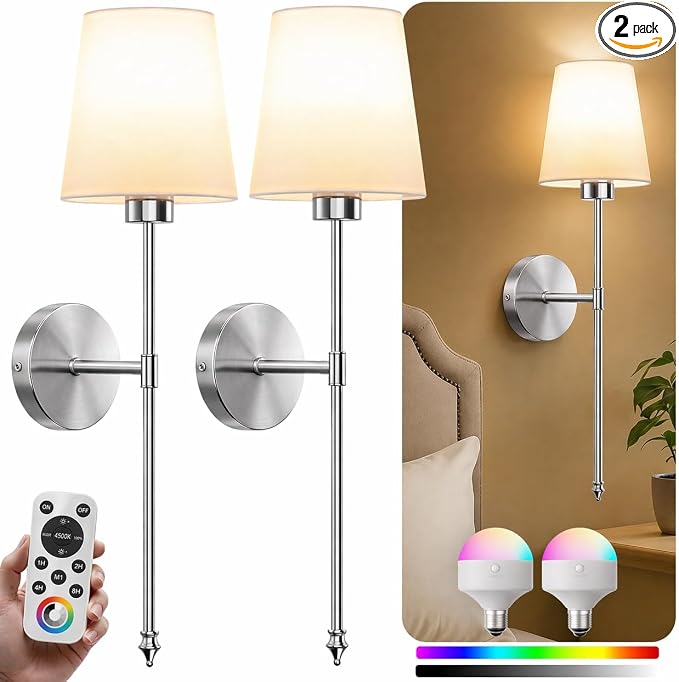 IRONPAX Wall Sconces Battery Operated Set of 2, Wireless Rechargeable Wall Sconce Set of Two, Dimmable Wall Lights with Remote for Bedroom Living Room Hallway Decor (Brushed Nickel, Fabric Shade)