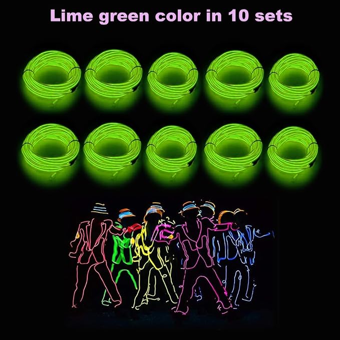 MaxLax EL Wire Fluorescent Green 10-Pack, 16.4ft/5m Neon Light Wire with Noise Reduction and Battery Pack…
