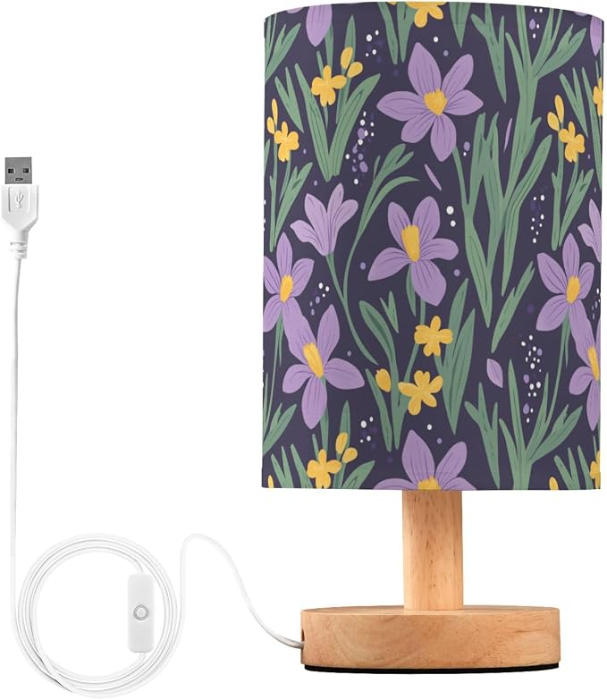 Purple Irises Flowers Yellow Daffodils Floral Bedside Table Lamps with USB Port for Bedroom Lamp Small Nightstand Lamp Sturdy Linen Shade Wooden Decorative Lamps for Living Room Home Dorm Kids