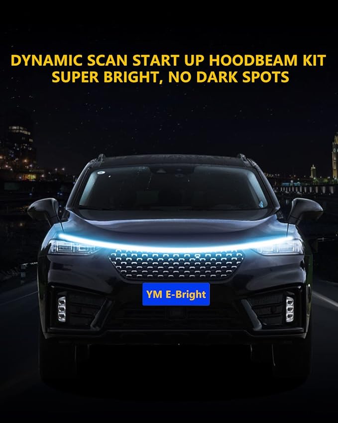 YM E-Bright Led Hood Light Strip Exterior Car Led Strip Light Waterproof Flexible DRL Dynamic Scan Start Up Hoodbeam Kit Daytime Running Lights for Car,Truck,SUV,12V 59inch,Ice Blue,1 Set