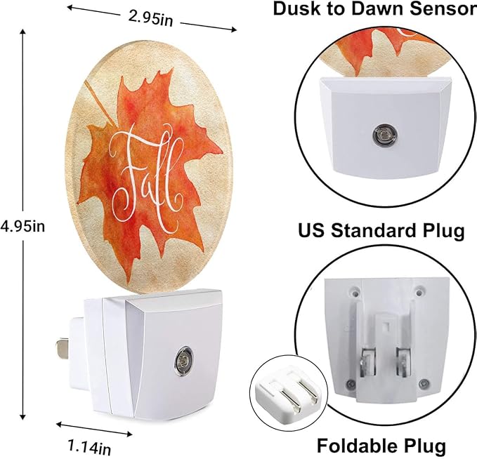 Fall Plug-in Nightlight Watercolor Autumn Maple Leaf Night Light Auto Dusk-to-Dawn Sensor LED Lighting for Bedroom Bathroom Kitchen Home Decor Orange