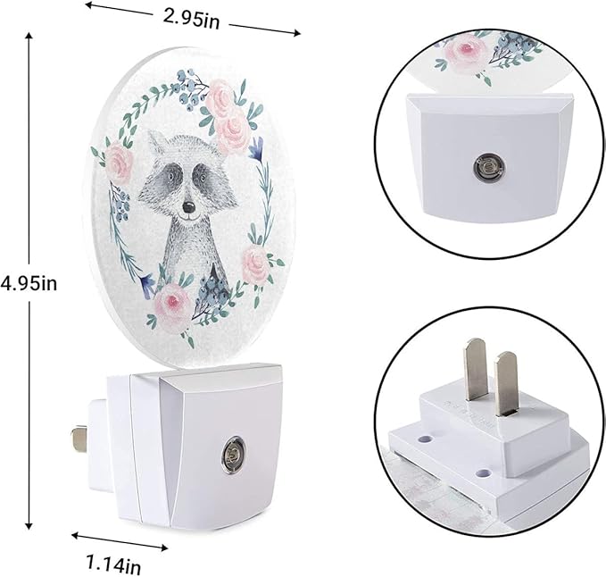 EKOBLA Raccoon Night Light Cute Animal Raccoon with Cool Rock N Roll Pose Night Lights Plug into Wall Auto Sensor Fun Funny LED Round Lamp for Men Women Boys Girls