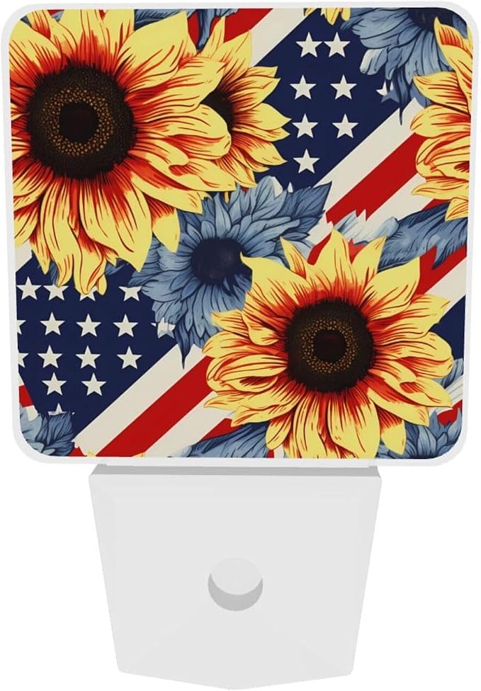 Sunflowers Floral Stripes Flag LED Plug-in Night Light 2-Pack, Auto Sensor Nightlights Set of 2 for Bedroom Bathroom Corridors