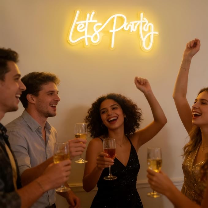 Let‘s Party Neon Sign for Party Wall Decor, LED Lets Party Light up Sign for Backdrop, 16"x 7" USB Powered 10 Warm Brightness Settings Light up Signs Birthday Bachelorettle Wedding Parties Bar