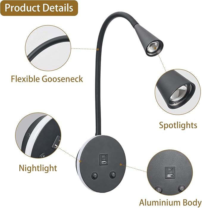 Book Lights for Reading at Night, LED Wall Mounted Reading Light, Flexible Gooseneck Wall Lamps for Bedroom, Plug in Wall Lights with USB Charging, Bedside Wall Sconces Focused Bed Lamp (Black)