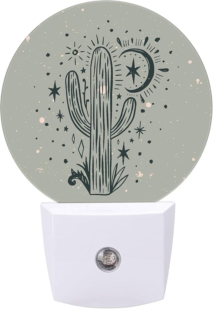 Round LED Night Light,Wild Cactus Desert Arizona Vintage LED Night Light Plug into Wall with Dusk to Dawn Light Sensor White Energy Efficient Nightlight for Bedroom Hallway Living Room Kitchen