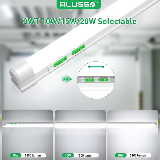 ALUSSO 4FT LED Shop Lights with 5CCT Selectable–2100LM T8 Integrated Fixture, 10 Pack, 2700K-6500K Adjustable Color Temperature, Corded Electric with On/Off Switch for Garage/Workshop