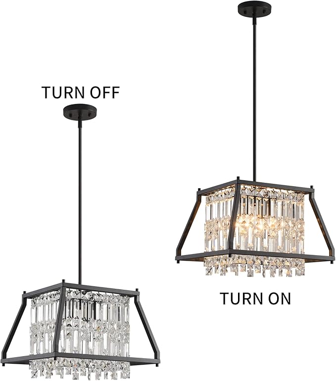 LMQNINE Farmhouse Chandelier - Black Metal Crystal Pendant Light for Kitchen, Dining, Living Room - Flat & Inclined Ceiling (Trapezoid -15.74in)