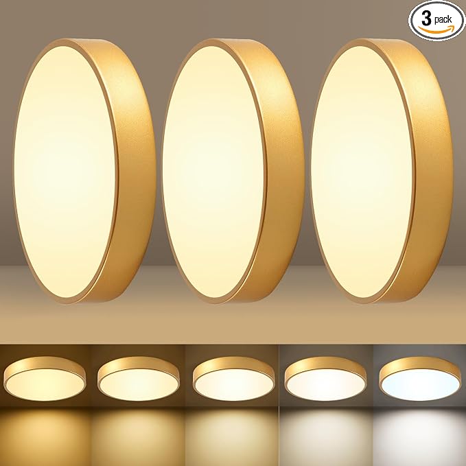 Flush Mount Ceiling Light Fixtures Gold LED Dimmable 5CCT 12In 24W 3Pack | 2700K, 3000K, 3500K, 4000K, 5000K, Iron Construction, IP40, For Bathroom, Bedroom, Kitchen, Entryway, Closet & Hallway, ETL