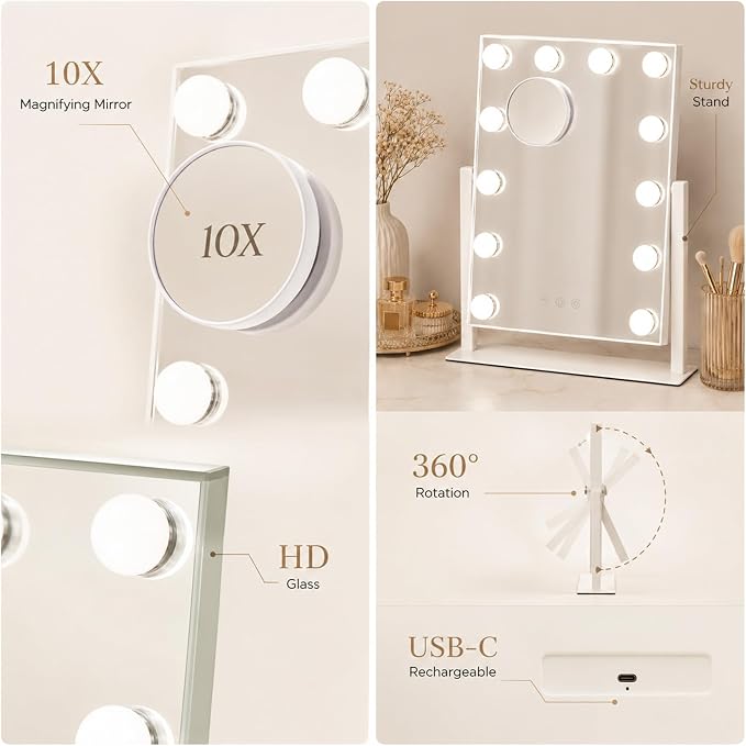 Makeup Mirror with Lights, 10X Magnification, 16.5x13.1in | 3 color modes & dimmable brightness, memory function, perfect for vanity & bedroom, gift for women
