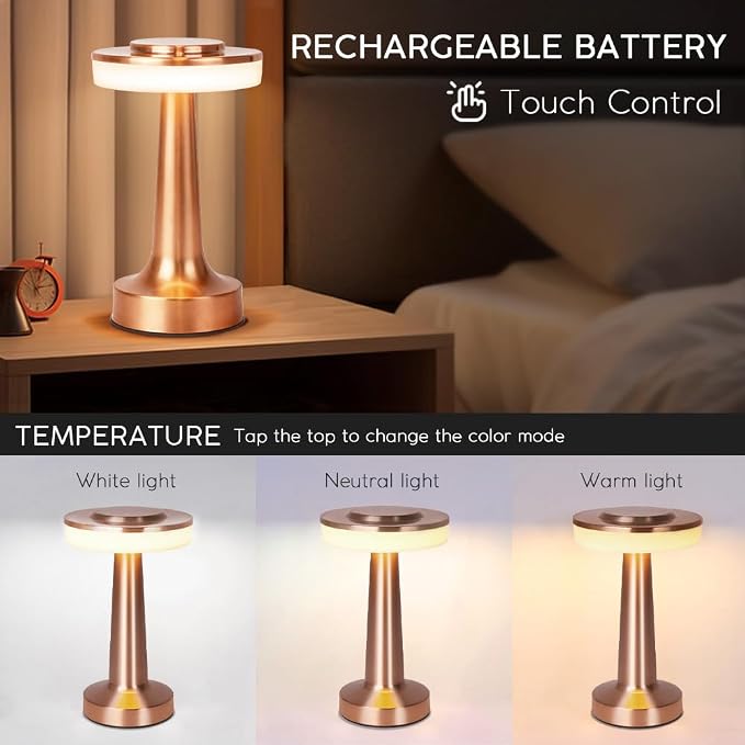 JHPGEOE Cordless Metal Desk Lamp, Touch Sensor Control LED Table Lamp,3 Color Stepless Dimmable Battery Powered Lamp for Living Room, Dorm, Home Office (Rose Gold)