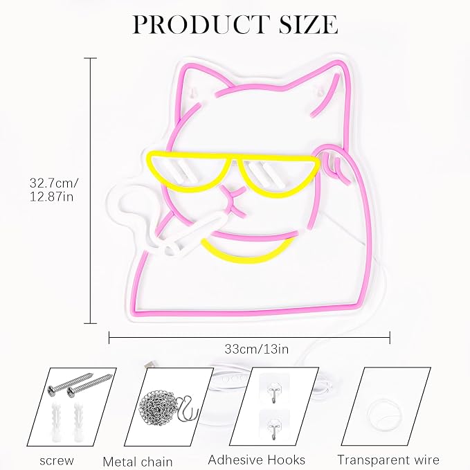 Smoking Cat Neon Sign, Dimmable Cool Cat LED Wall Light for Cat Lovers | USB Powered Cat Neon Light for Gamer Room, Man Cave, Bedroom, Bar Decor, Funny Cat Gifts for Cat Lovers