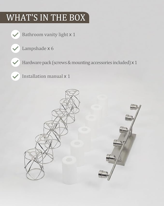 6-Light Brushed Nickel Bathroom Light Fixtures Over Mirror, 42" UL-Listed Modern Wall Sconce Lights with Milk White Frosted Glass and Metal Cage for Bath, Hardwire E26, CH9176BNW-6W