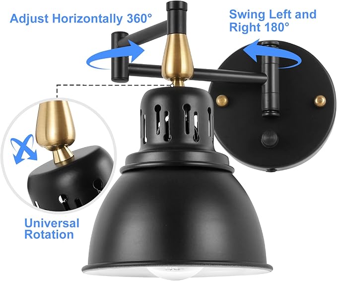 TRLIFE Plug in Wall Sconces, Dimmable Wall Sconces Retractable Swing Arm Wall Lamp with 6FT Plug in Cord and Dimmer Knob On/Off Switch, E26 Base, UL Listed(2 Pack)