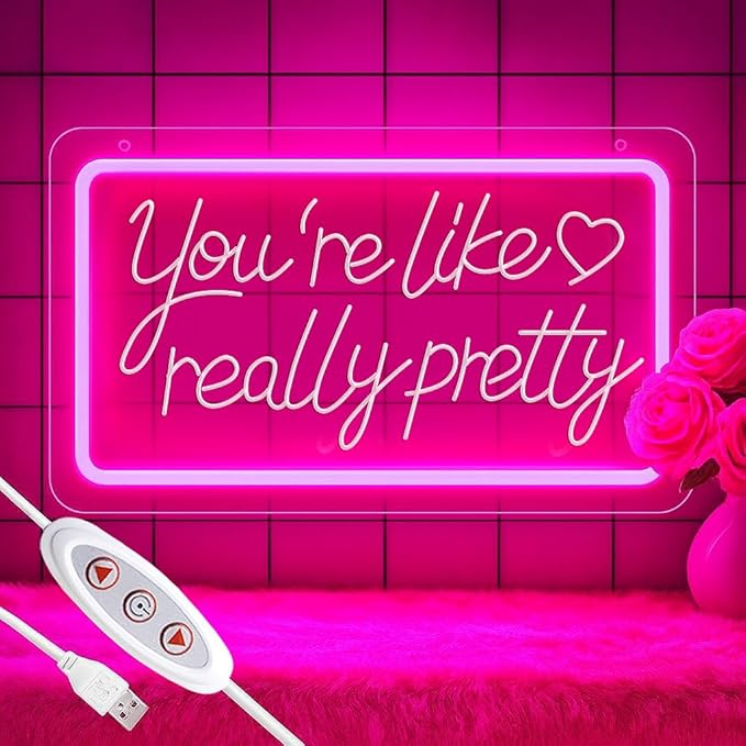 You’re Like Really Pretty Neon Sign – Pink LED Neon Light Wall Decor, 3D Art Carving, Dimmable USB Powered Night Light for Bedroom, Aesthetic Wall Decor, Christmas & Birthday Gift