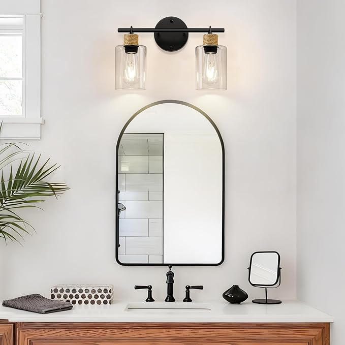 MOKATNG Bathroom Light Fixtures, 2-Light Farmhouse Vanity Lights with Hemp Rope, Black Bathroom Wall Lamp for Mirror Kitchen Hallway Cabinet