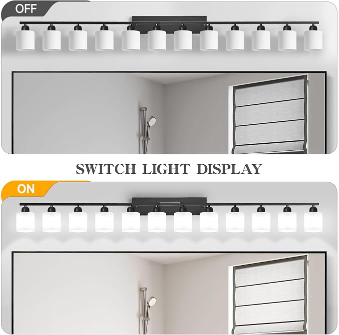 12 Light Black Vanity Lights for Giant Mirror, Bathroom Vanity Lights Over Mirror with Milky White Frosted Glass Shades,78.8 inch Bathroom Light Fixture for Mirrors, E26