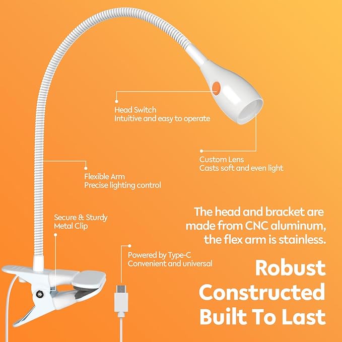 acegoo Minimalist Reading Light for Bed Headboard Dimmable White Book Light Clip on Lamp with USB-C Adapter, Flexible Neck & Handy Lamp Head Switch, CRI 95+