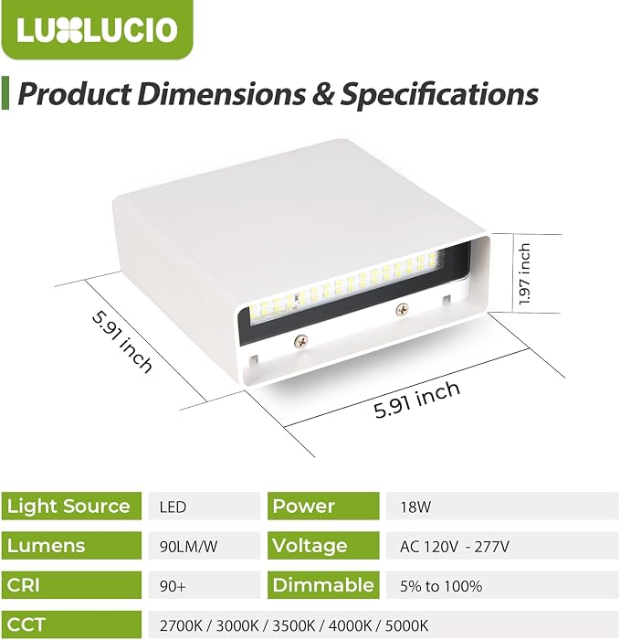 2 Pack Indoor Outdoor White Up and Down LED Wall Light, Modern Bedroom/Porch Wall Lamp, IP65 Waterproof, 5%-100% Dimmable 18W 1620lm, 5CCT (2700K-5000K), CRI90+, 120V-277V
