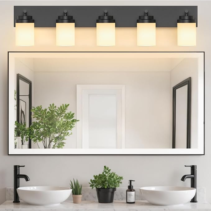 IZORRO Bathroom Vanity Light Fixture, 5-Light 36 Inch Matte Black Bathroom Light Fixtures Over Mirror, with White Glass Shade, Modern Farmhouse Vanity Lights, Rustic Restroom Lighting Fixtures