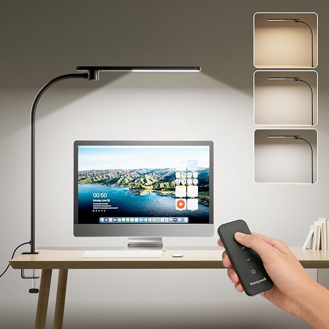 Honeywell HJ2 Gooseneck LED Desk Lamp with Clamp, CRI≥97 Full Spectrum Eye-Caring Light, 16" Flexible Metal Arm, 3-Color Dimming with Magnetic Remote for Home Office, Artists, Reading (Black)