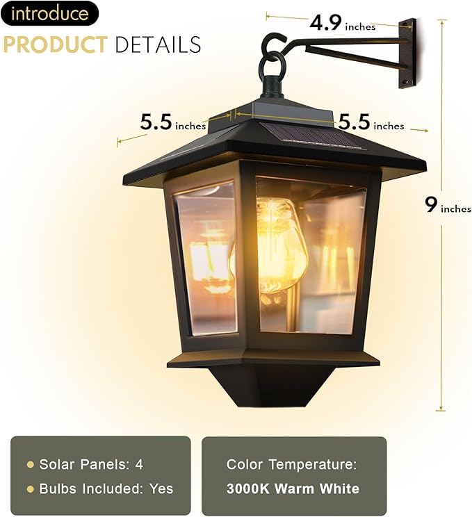 PASAMIC 2 Pack Solar Wall Lanterns,Outdoor Hanging Lights with 4 Solar Panels,Dusk to Dawn Led Outdoor Wall Sconce, Anti-Rust Waterproof Lanterns with Hooks,3000K Warm White