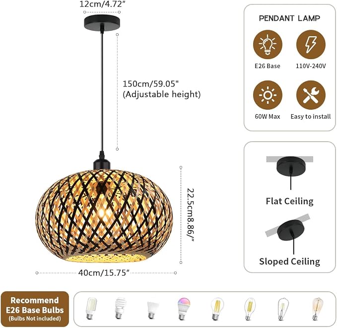 Island Pendant Light Black Natural Hand-Woven Bamboo Pendant Lights 1-Light Boho Light Fixtures Farmhouse Rustic Hanging Lamp for Living Room Dining Room Bedroom