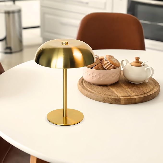 2 Pack Cordless Mushroom Table Lamp, Rechargeable, Dimmable 3 Color, Gold | Small, 8.46in, Portable, Easy to Assemble, Metal Structure, Rechargeable, Suitable for Bedroom, Café, and Bar Counter