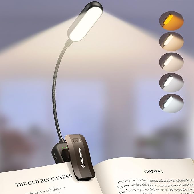 Glocusent 20 LED Reading Lights for Books in Bed, Eye Caring Reading Light | 5 Colors & 5 Brightness 3–100LM Dimmable, 1200mAh Rechargeable Book Light to 90H, Lightweight Clip on Light for Book Lovers