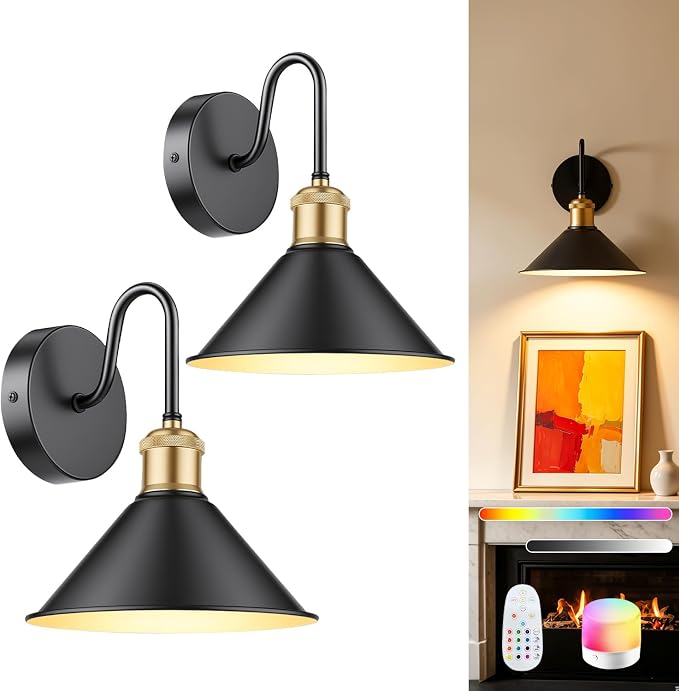 SAIMAND Battery Operated Wall Sconces Set of 2,Wireless Rechargeable Lights | Modern Cordless Wall Sconces with Remote Control, 9-Color Dimmable LED Lamps for Bedrooms, Living Rooms Hallways (9In-Black)