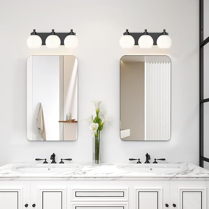 IZORRO Bathroom Light Fixtures, 3-Light Matte Black Vanity Light, Modern Wall Sconces with Globe Milk White Glass Shade, Vanity Lighting Fixtures Over Mirror,E26 Bulb Socket