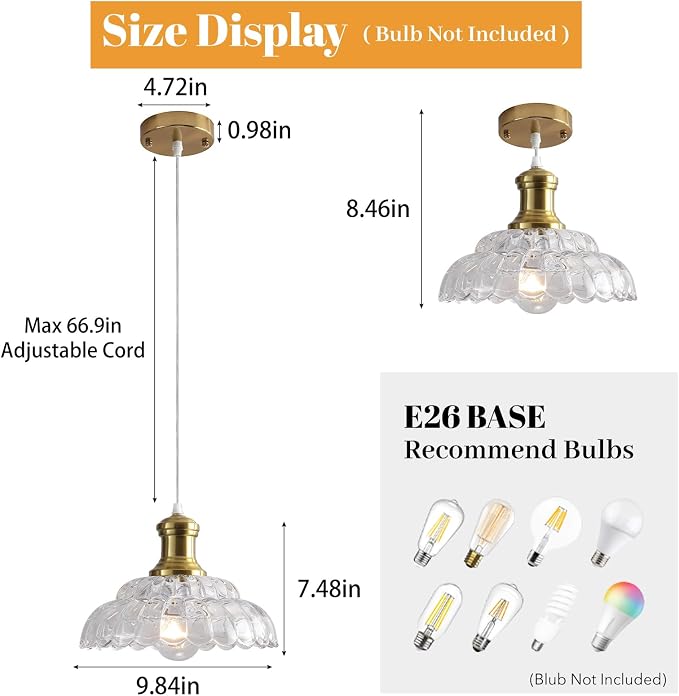 Antique Pendant Light, Gold Pendant Light with Flower Clear Glass Shade, Vintage Pendant Light Fixture for Kitchen Island, Dining Room, Bedroom, Living Room, Entryway, Hallway