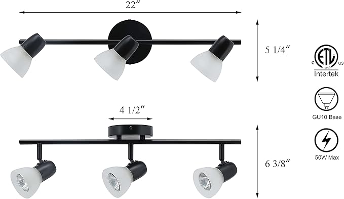 XiNBEi Lighting Track Light, 3 Light Kitchen Ceiling Light with Glass, Modern Black Track Bar Lighting XB-TR1237-3-MB