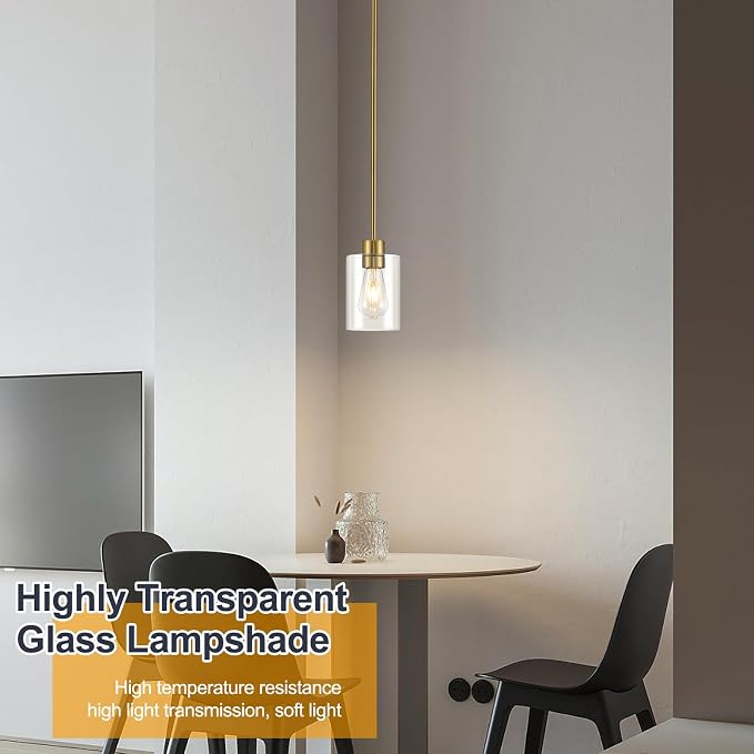 Modern Farmhouse Brass Gold Pendant Lights, Mini Hanging Light Fixture with Clear Glass Shade, Adjustable Rods for Kitchen Island, Sink, Bar (1 Pack)