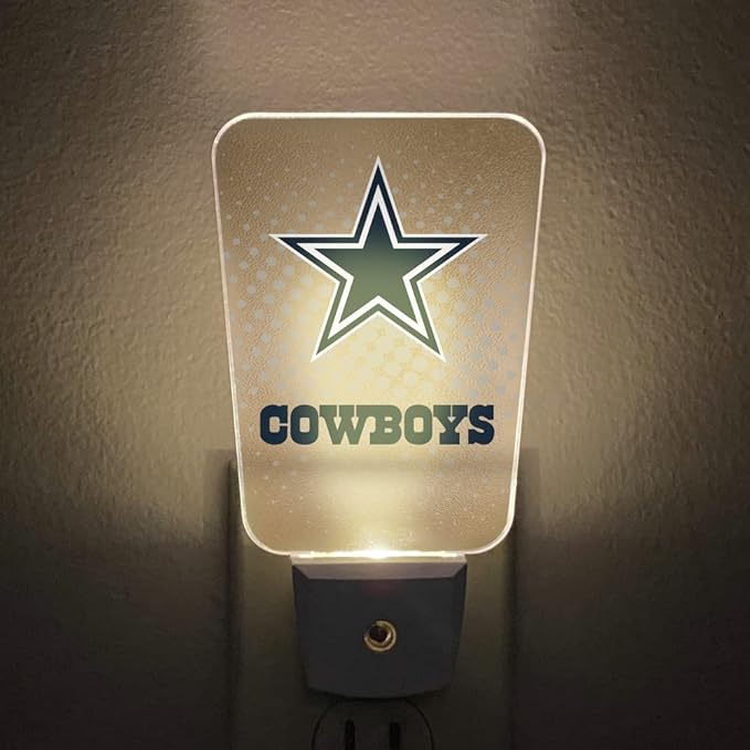 Party Animal NFL Team LED Night Light, with Auto Sensor and 3 Light Settings, Slim 5-Inch Design fits Standard Outlets, Dallas Cowboys