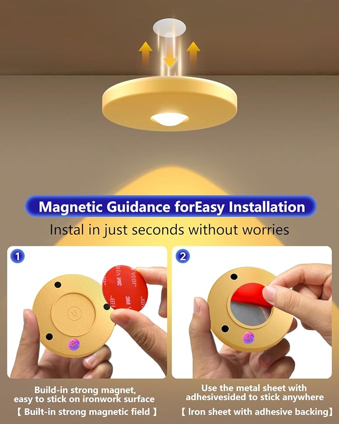 LED Puck Lights with Remote, 2000mAH Battery Operated, Rechargeable Shelf Light, Wireless,Color Changing Magnetic Light, Display Curio Cabinet,Bookcase,Under Cabinet Lighting (Gold, 3PACK)