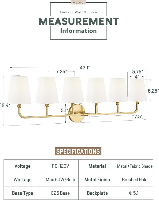 6-Light Brushed Gold Bathroom Vanity Light, White Fabric Shades | Ideal for 48-64" mirrors, 42" bathroom light fixtures over mirror, upward only, E26 base, bulbs not included, VL837-BG-6