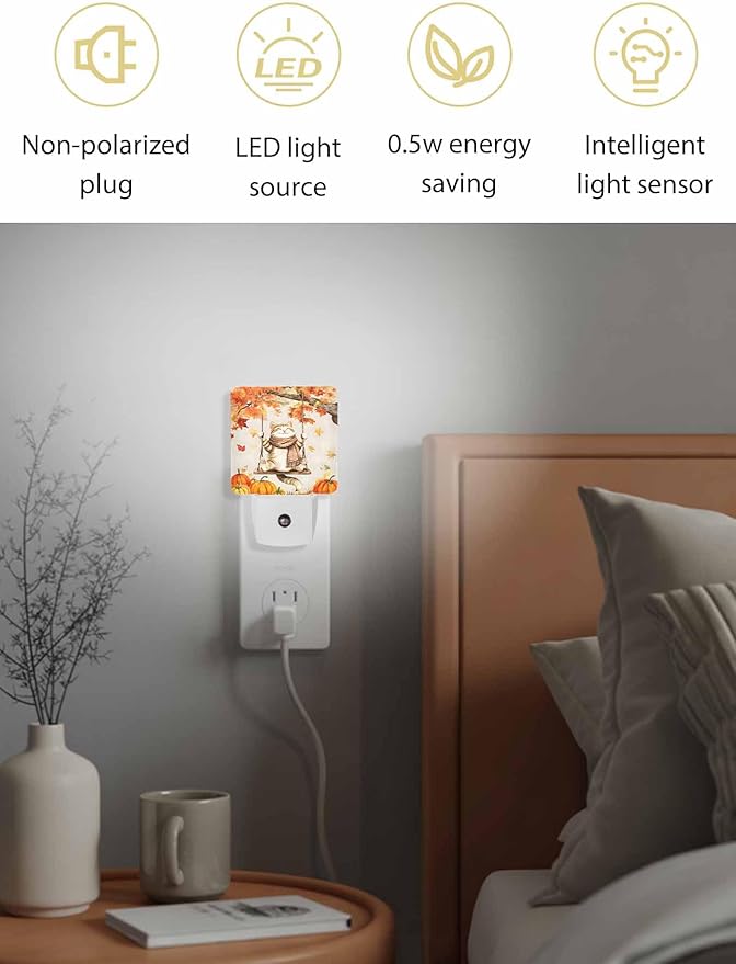 Thanksgiving Night Lights Plug into Wall LED Night Light Fall Pumpkin Cute Cat Maple Leaf Vintage Automatic Dimmable Dusk-to-Dawn Square Shaped Smart Nightlight for Bathroom/Bedroom