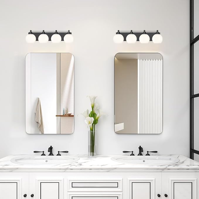 IZORRO Bathroom Light Fixtures, 4-Light Matte Black Vanity Light, Modern Wall Sconces with Globe Milk White Glass Shade, Vanity Lighting Fixtures Over Mirror,E26 Bulb Socket
