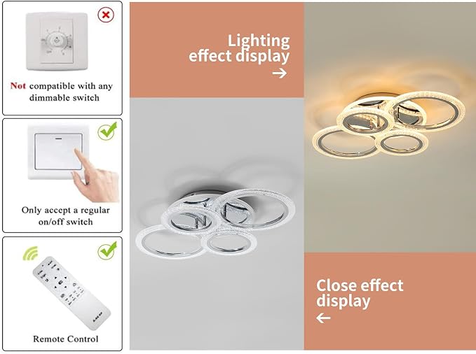 Garwarm Modern LED Flush Mount Ceiling Light with Remote, 4 Ring Chrome 58W | Low Profile Ceiling Light Fixture,Dimmable 3000K-6000K Adjustable Color Temperature,Bubble Acrylic, for Living Room, Bedroom
