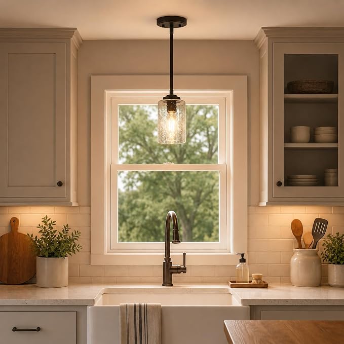 KSANA Pendant Lights Kitchen Island, 3.9'' Mini Modern Oil Rubbed Bronze Pendant Hanging Lights Fixture with Seeded Glass Shade for Kitchen Sink, Foyer, Hallway, Bedroom Nooks and Powder Rooms