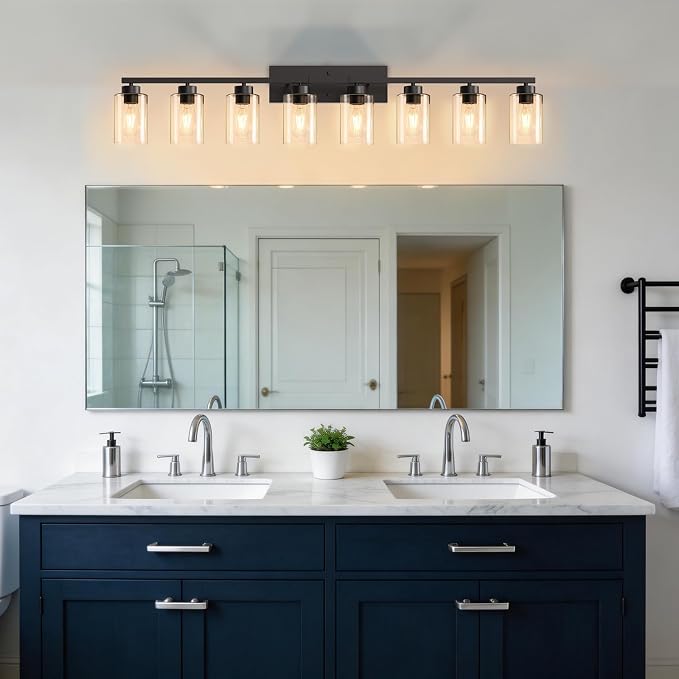 IZORRO Modern Bathroom Light Fixtures, 8 Light Black Vanity Lights, Bathroom Lighting Fixtures Over Mirror with Clear Glass for Living Room Cabinet Bedroom