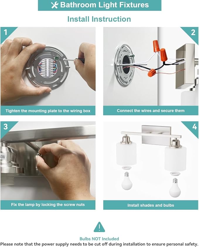 Bathroom Light Fixtures 2-Light, Brushed Nickel Vanity Lights Fixtures, Modern Bathroom Vanity Light Over Mirror, Milky White Glass Shade & Anti-Rust Nickel Finished, Small Bathroom Light