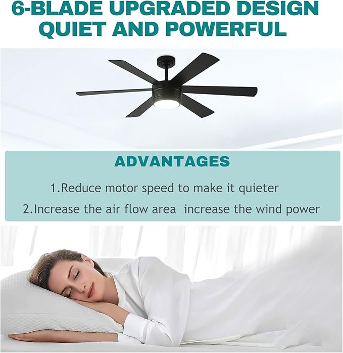 SHOWDI Ceiling Fan with Lights and Remote, 6 Blade App Control Timer Reversible Stepless Brightness and Color Temperature Outdoor Wood Ceiling Fan with Lights (Black, 56 Inch)