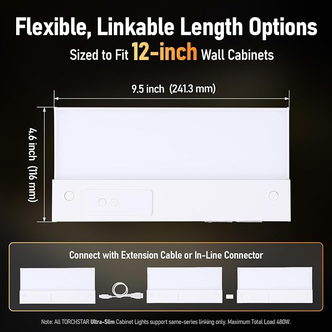 TORCHSTAR 2-Pack Ultra-Slim LED Under Cabinet Lighting Fits 12" Cabinets | 5CCT, Hardwired & Plug-in, 8W 600LM, 120V CRI90 Linkable Dimmable Thin Under Counter Lights for Kitchen, ETL T24, White