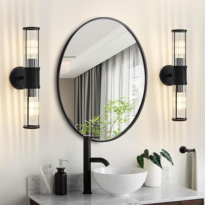 Black Wall Sconce Bathroom Vanity Light Fixtures for Mirror, Modern Wall Light with Glass Rod Shade for Bathroom, Bedroom, Hallway, Living Room - Bulb Not Included