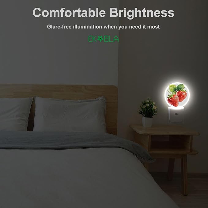 EKOBLA Strawberry Night Light, Cute Red Fruit Watercolor Night Lights Plug Into Wall with Auto Sensor for Home